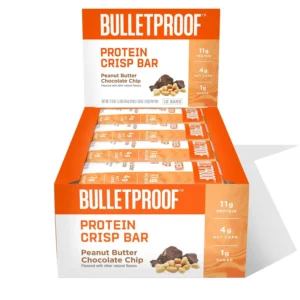 A box of twelve Bulletproof Peanut Butter Chocolate Chip Protein Crisp Bars, high in protein, low in sugar, and perfect for a keto-friendly snack.