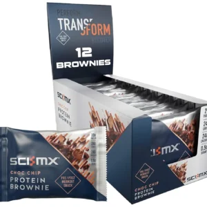 A box of SCI-MX high protein chocolate chip brownies, a delicious and guilt-free snack with 20g protein and only 0.5g sugar, perfect for pre or post workout.