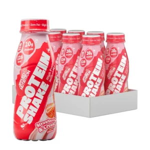 Applied Nutrition strawberry flavored protein shake, ready to drink with 20g of protein per bottle, perfect for a healthy and convenient post-workout boost.
