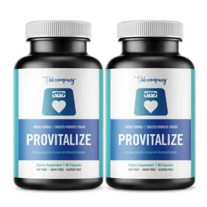 Two bottles of BB Company Provitalize probiotic capsules designed to support digestion, gut health, and ease menopause symptoms like hot flashes and mood swings by nourishing healthy gut flora.