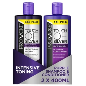 PROVOKE Touch Of Silver purple shampoo and intensive conditioner brightens blonde, grey, and highlighted hair by neutralising yellow and orange brassy tones, leaving it healthy, shiny, and rejuvenated.