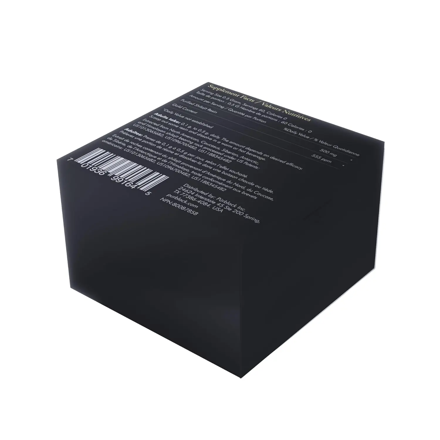 A jar of Pürblack Live Resin True Gold Shilajit, an American-made mineral supplement rich in over 80 potent minerals, antioxidants, and adaptogens for natural performance enhancement and healthy aging.