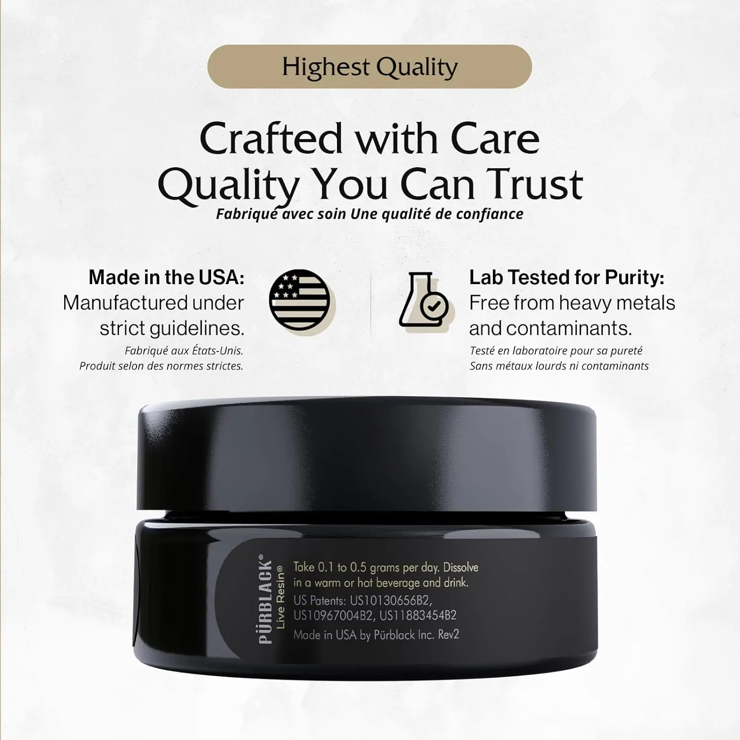 A jar of Pürblack Live Resin True Gold Shilajit, an American-made mineral supplement rich in over 80 potent minerals, antioxidants, and adaptogens for natural performance enhancement and healthy aging.