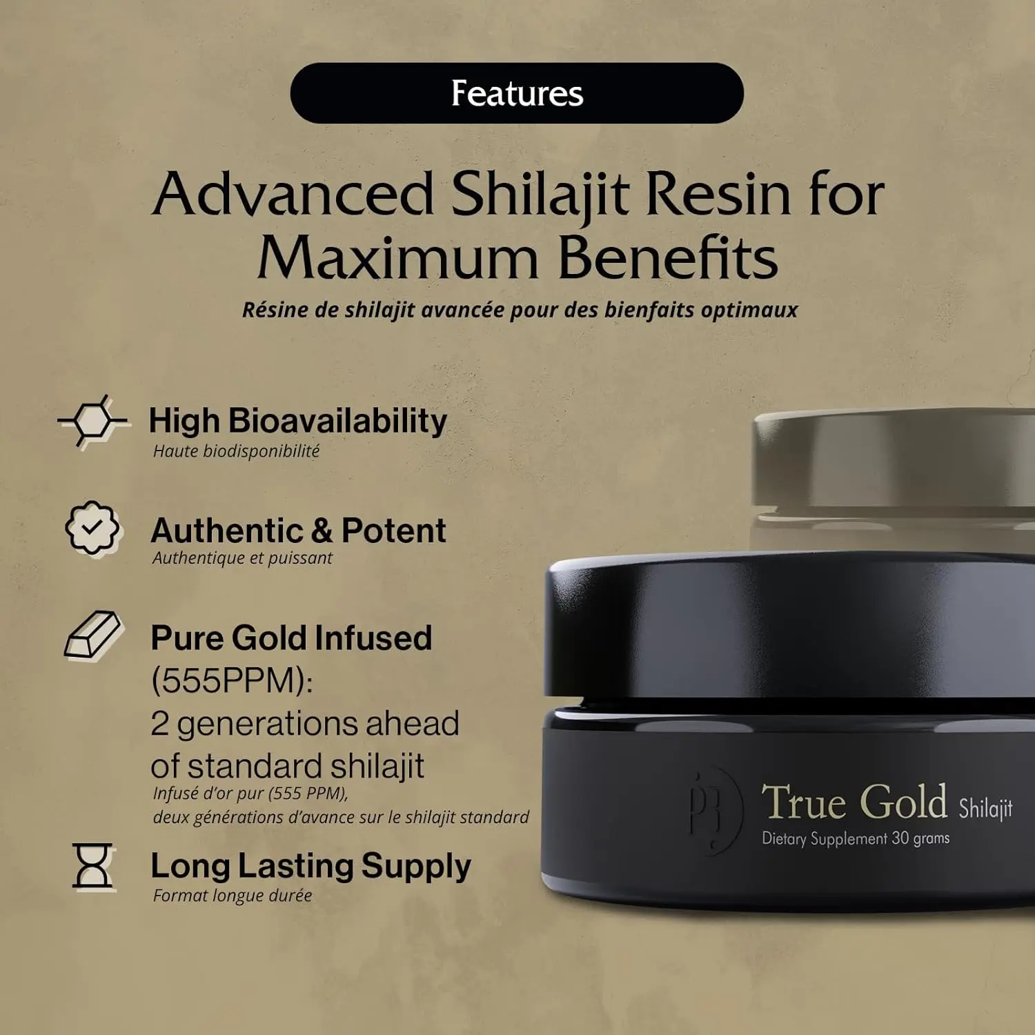 A jar of Pürblack Live Resin True Gold Shilajit, an American-made mineral supplement rich in over 80 potent minerals, antioxidants, and adaptogens for natural performance enhancement and healthy aging.