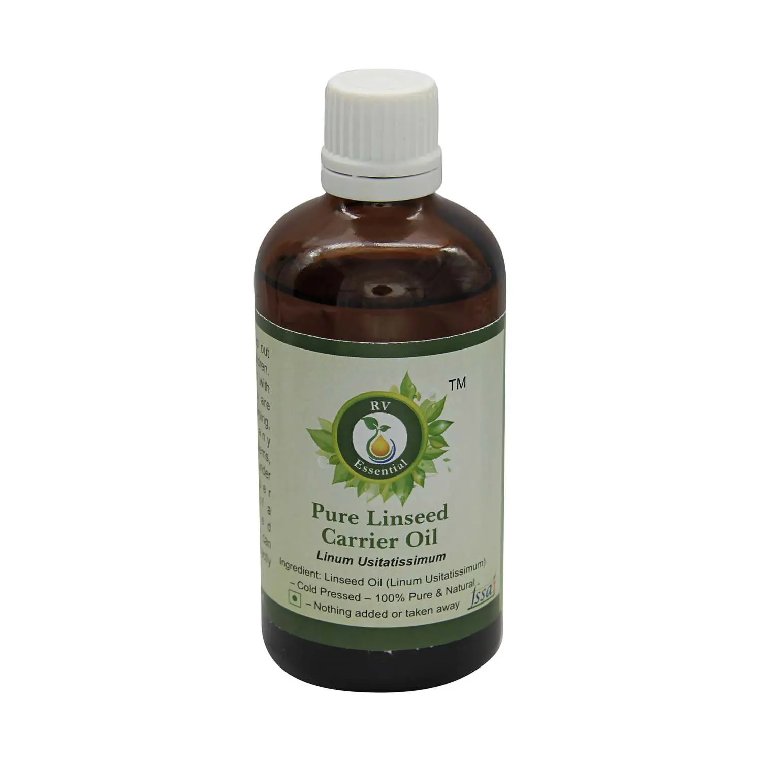 A bottle of pure linseed oil, cold pressed to guarantee purity and certified quality from a reputable brand.