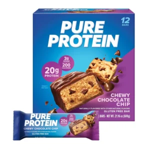 A box of Pure Protein Bars, nutritious gluten-free snacks with low sugar to support energy.