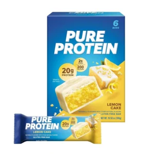 Six Pure Protein Lemon Cake flavored bars, each containing 20g of protein, 3g of sugar, and 200 calories, made with non-GMO ingredients and free from artificial flavors and sweeteners.