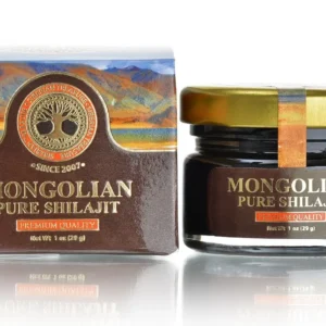 A one-ounce glass jar containing 100% pure, premium quality Shilajit sourced from the Mongolian Altai mountains, a natural and undiluted product with no preservatives, colorants, or aromas.