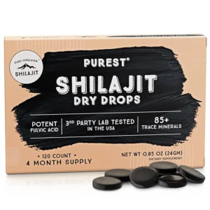 Bottle of Pure Shilajit Dry Drops containing Himalayan Shilajit with natural fulvic acid and trace minerals, a non-GMO, gluten-free supplement manufactured in 2020, and third-party US laboratory certified.