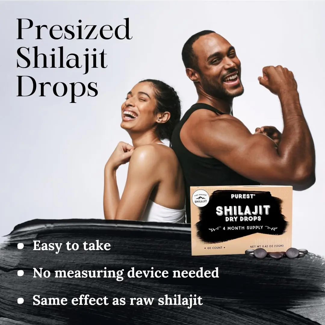 Bottle of Pure Shilajit Dry Drops containing Himalayan Shilajit with natural fulvic acid and trace minerals, a non-GMO, gluten-free supplement manufactured in 2020, and third-party US laboratory certified.