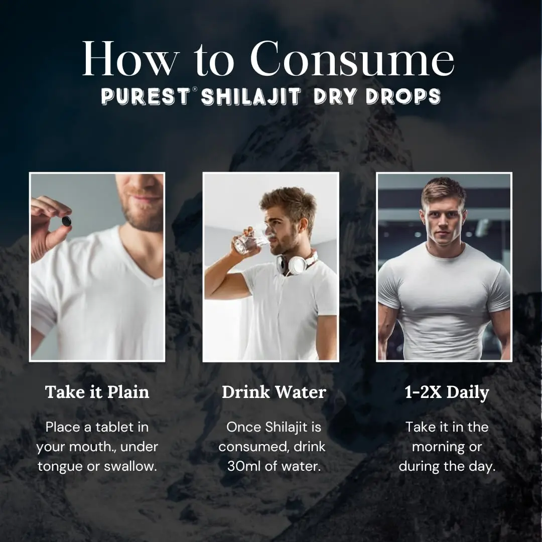 Bottle of Pure Shilajit Dry Drops containing Himalayan Shilajit with natural fulvic acid and trace minerals, a non-GMO, gluten-free supplement manufactured in 2020, and third-party US laboratory certified.