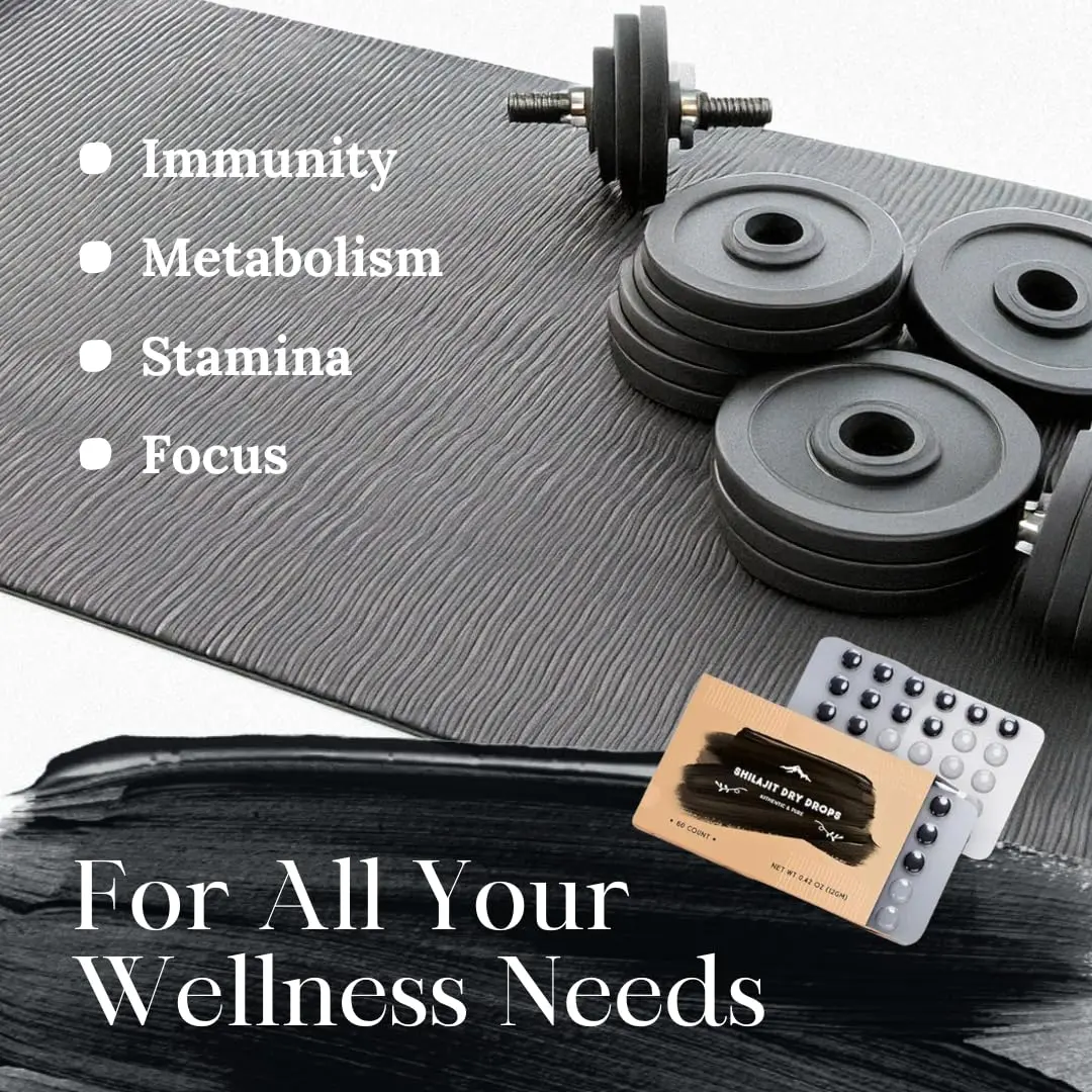 Bottle of Pure Shilajit Dry Drops containing Himalayan Shilajit with natural fulvic acid and trace minerals, a non-GMO, gluten-free supplement manufactured in 2020, and third-party US laboratory certified.