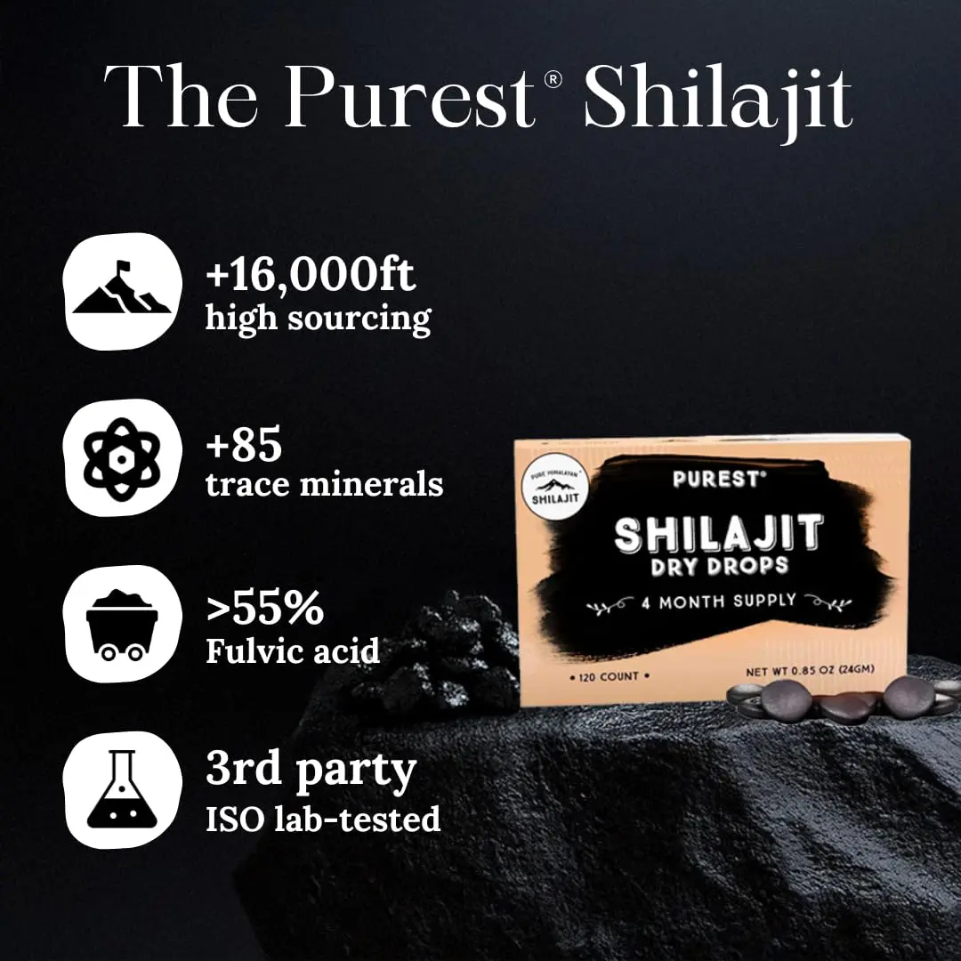 Bottle of Pure Shilajit Dry Drops containing Himalayan Shilajit with natural fulvic acid and trace minerals, a non-GMO, gluten-free supplement manufactured in 2020, and third-party US laboratory certified.