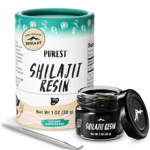 Jar of pure Himalayan shilajit resin containing over 85 trace minerals and fulvic acid, harvested from high altitude Siberian Mountains for balanced living.
