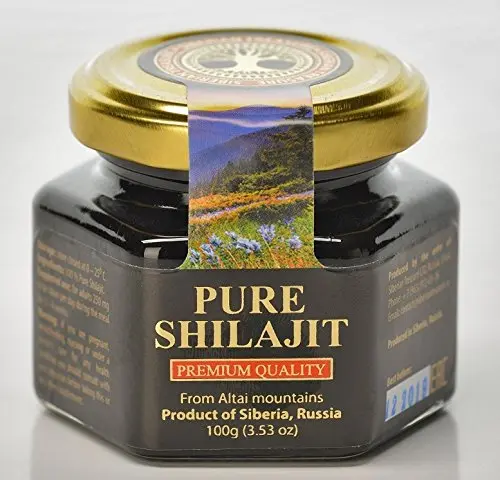 A jar of pure Shilajit resin from the Altai Mountains in Siberia, a premium quality natural supplement.