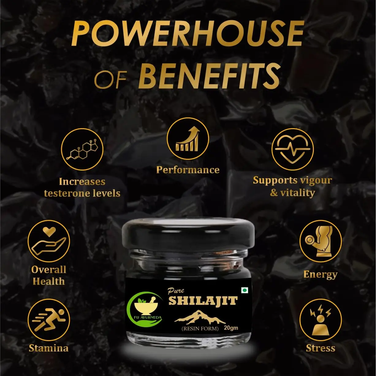 This is a close-up of pure Shilajit resin, a blackish-brown substance used in Ayurvedic medicine to support strength, stamina, and energy levels.