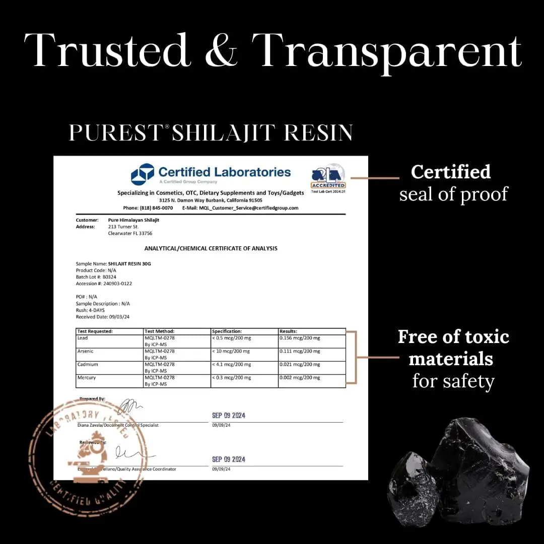 Jar of pure Himalayan shilajit resin containing over 85 trace minerals and fulvic acid, harvested from high altitude Siberian Mountains for balanced living.