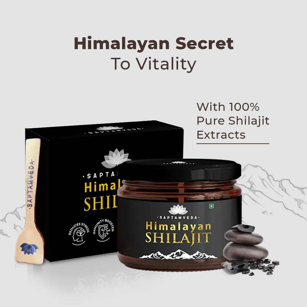 SAPTAMVEDA pure Himalayan Shilajit resin helps boost strength, stamina, build muscle mass, and promote healthy aging for both men and women.