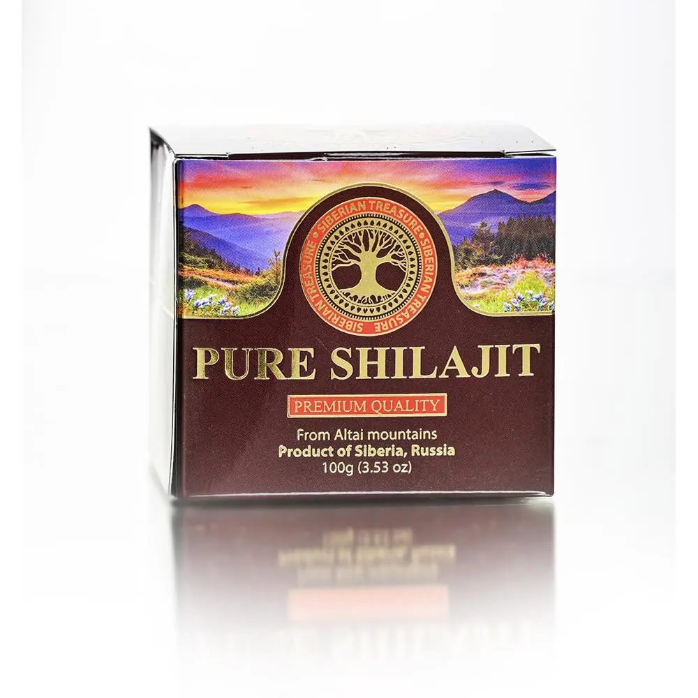A jar of pure Shilajit resin from the Altai Mountains in Siberia, a premium quality natural supplement.