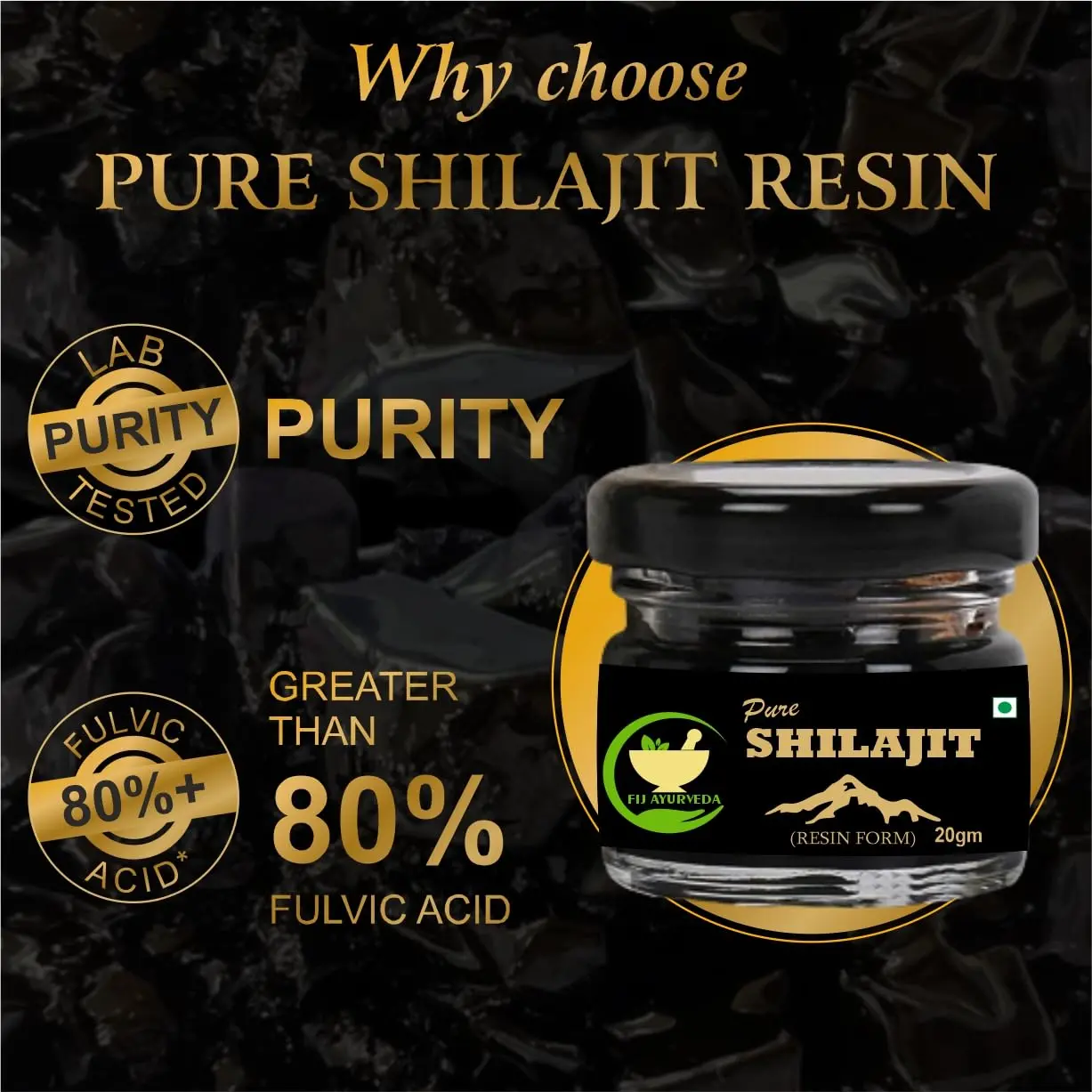 This is a close-up of pure Shilajit resin, a blackish-brown substance used in Ayurvedic medicine to support strength, stamina, and energy levels.
