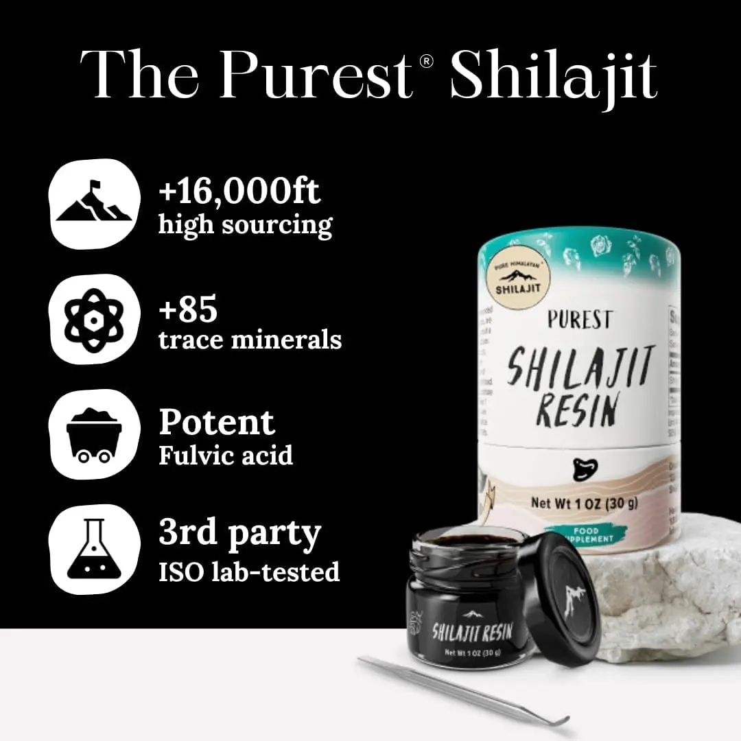 Jar of pure Himalayan shilajit resin containing over 85 trace minerals and fulvic acid, harvested from high altitude Siberian Mountains for balanced living.