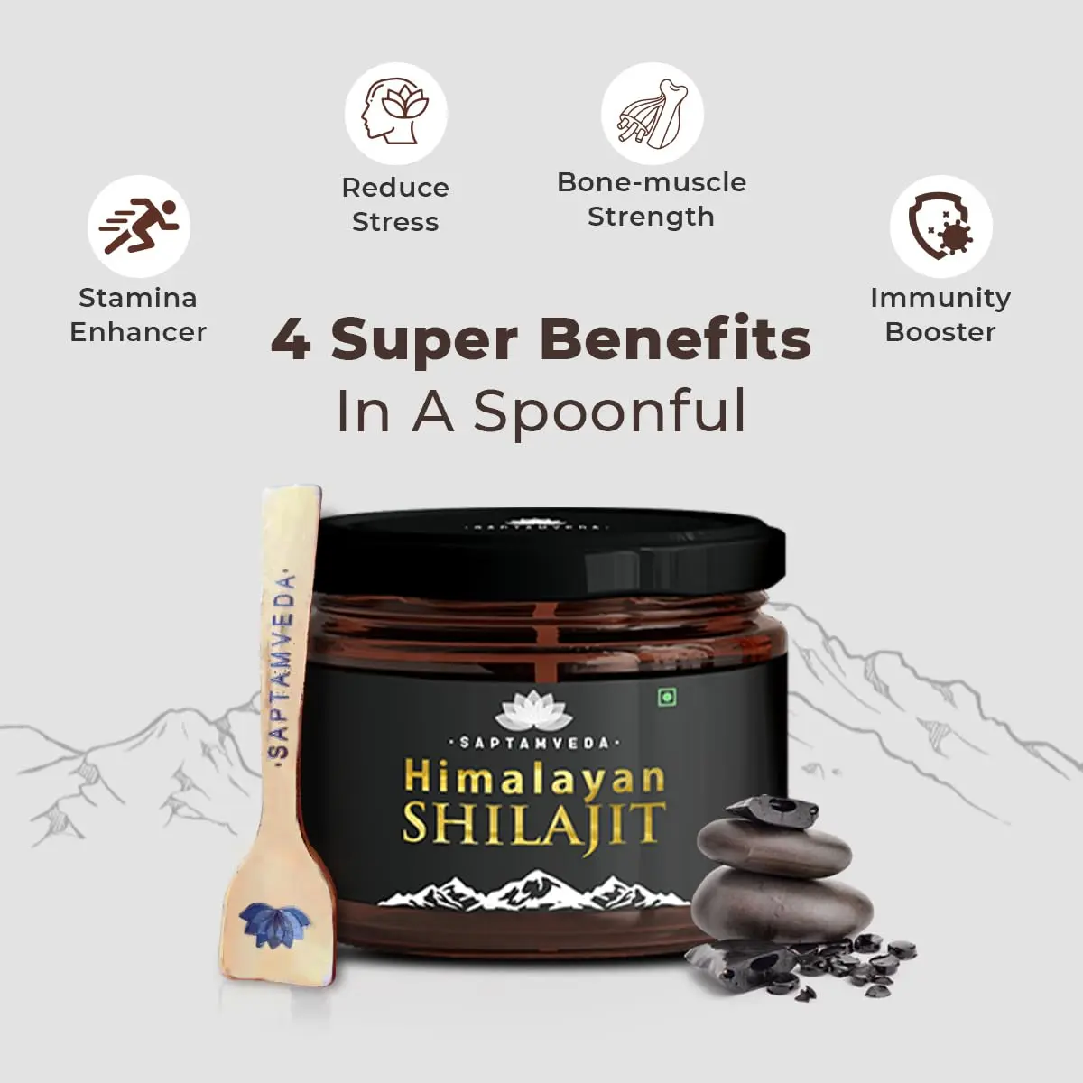 SAPTAMVEDA pure Himalayan Shilajit resin helps boost strength, stamina, build muscle mass, and promote healthy aging for both men and women.