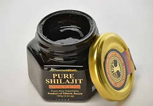 A jar of pure Shilajit resin from the Altai Mountains in Siberia, a premium quality natural supplement.