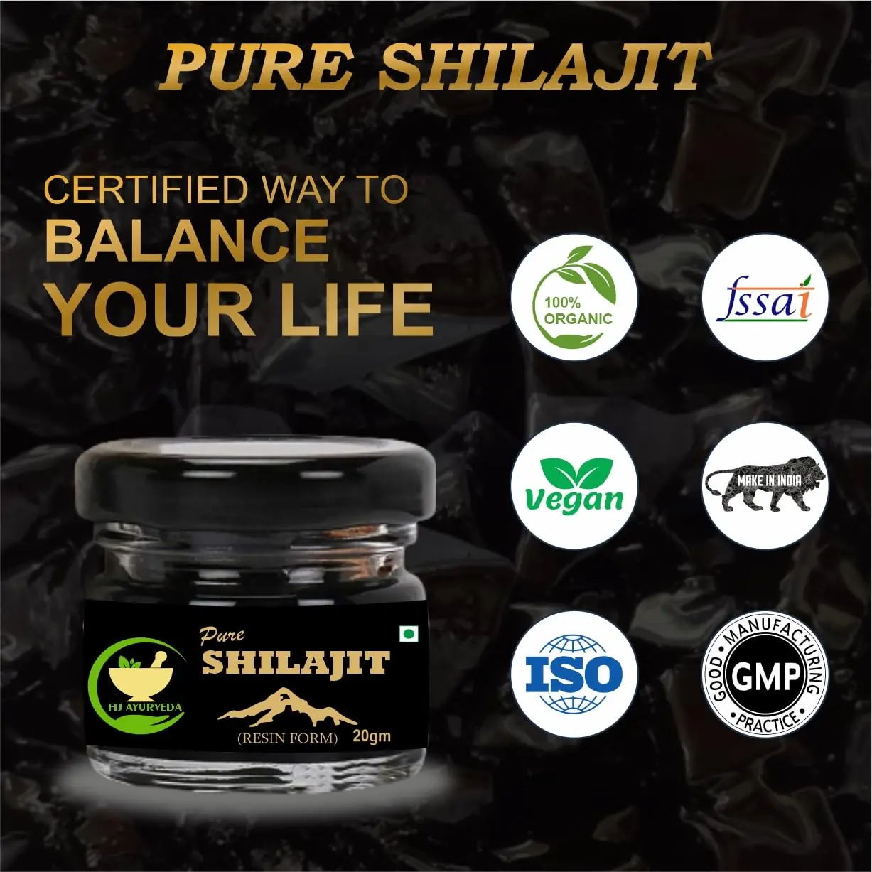 This is a close-up of pure Shilajit resin, a blackish-brown substance used in Ayurvedic medicine to support strength, stamina, and energy levels.