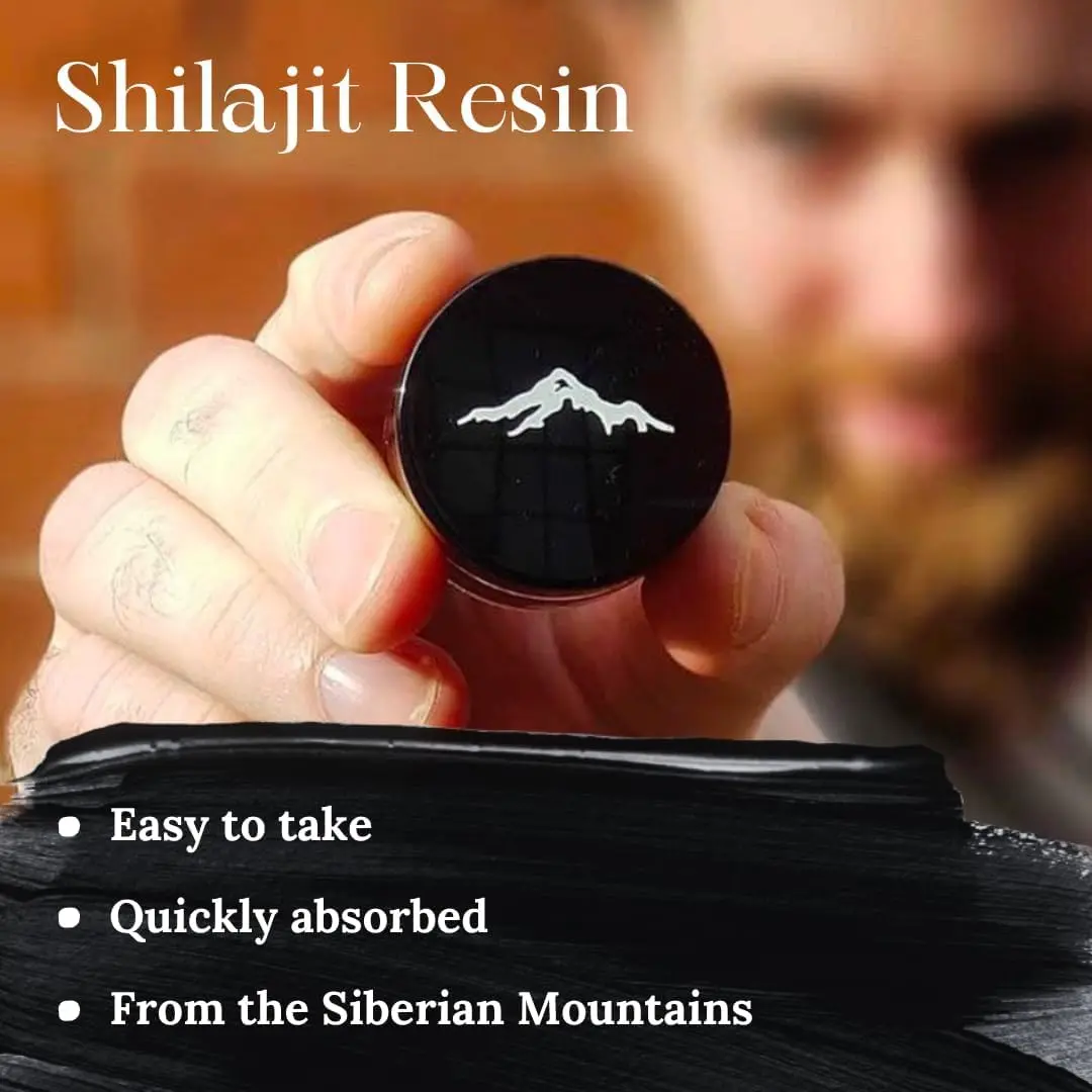 Jar of pure Himalayan shilajit resin containing over 85 trace minerals and fulvic acid, harvested from high altitude Siberian Mountains for balanced living.