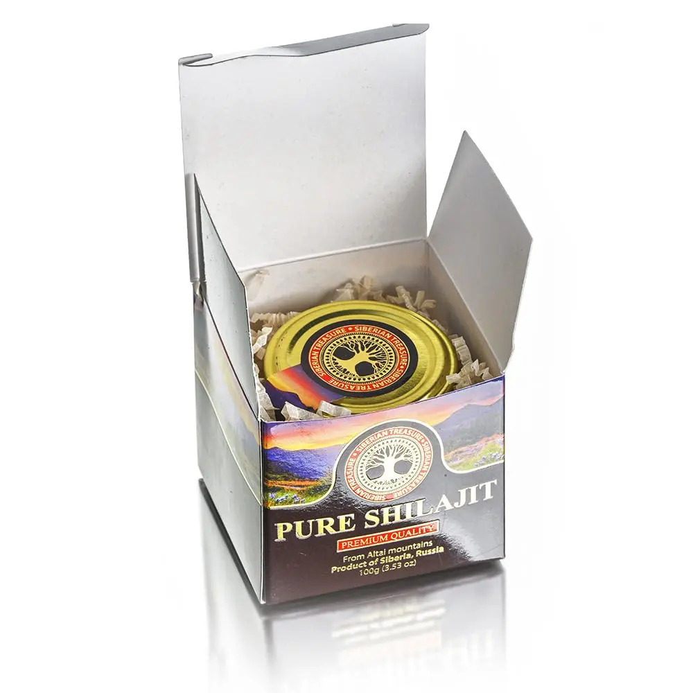 A jar of pure Shilajit resin from the Altai Mountains in Siberia, a premium quality natural supplement.