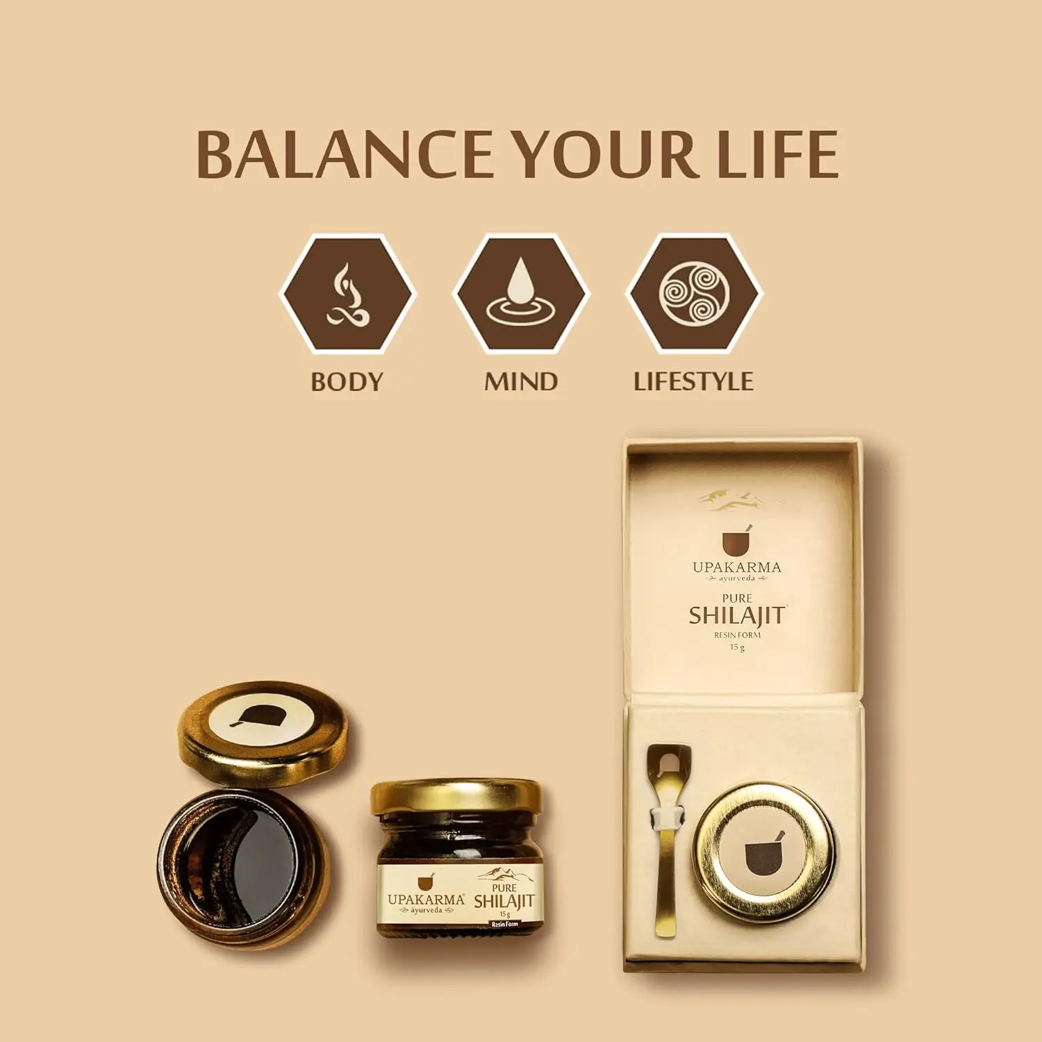 Six jars of Upakarma pure Ayurvedic Shilajit resin, a potent source of minerals, used for post-workout recovery and to improve sleep.