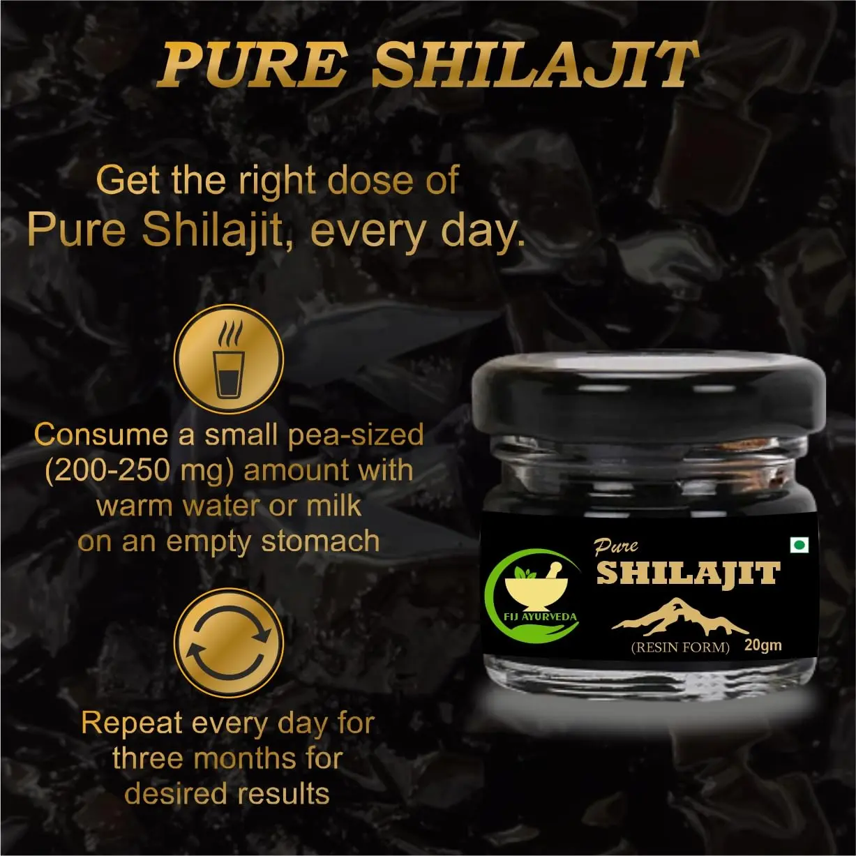 This is a close-up of pure Shilajit resin, a blackish-brown substance used in Ayurvedic medicine to support strength, stamina, and energy levels.