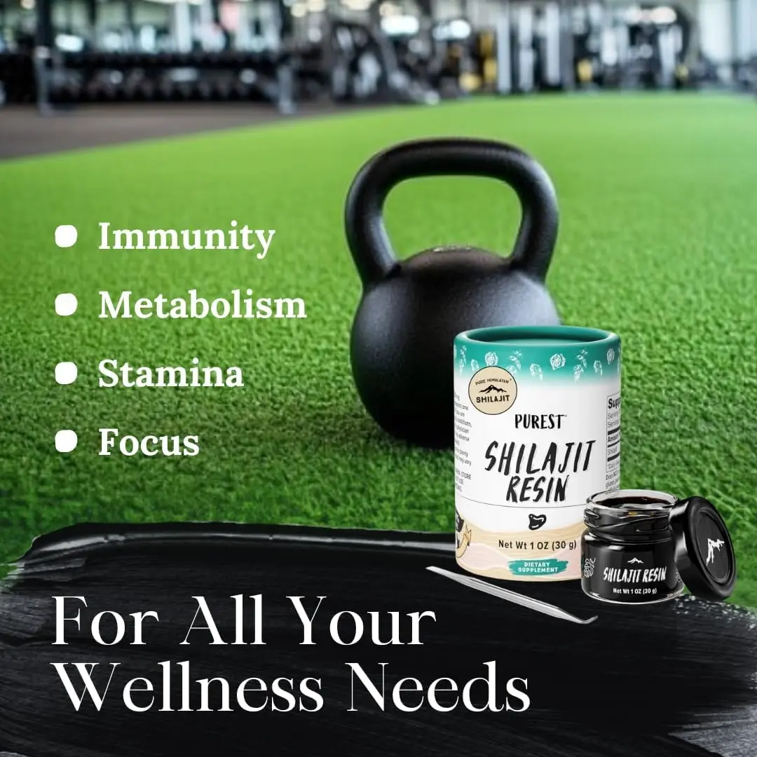 Jar of pure Himalayan shilajit resin containing over 85 trace minerals and fulvic acid, harvested from high altitude Siberian Mountains for balanced living.