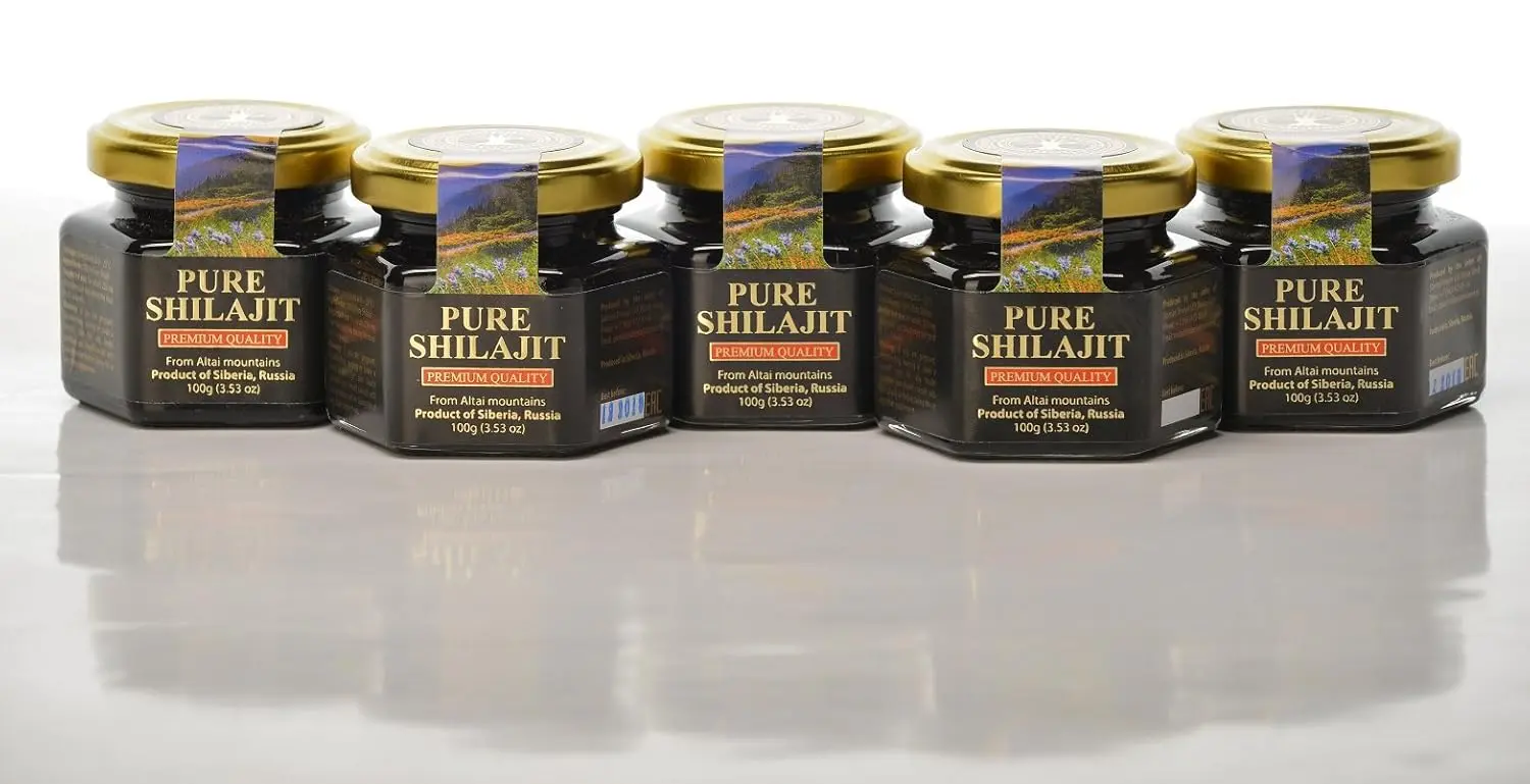 A jar of pure Shilajit resin from the Altai Mountains in Siberia, a premium quality natural supplement.