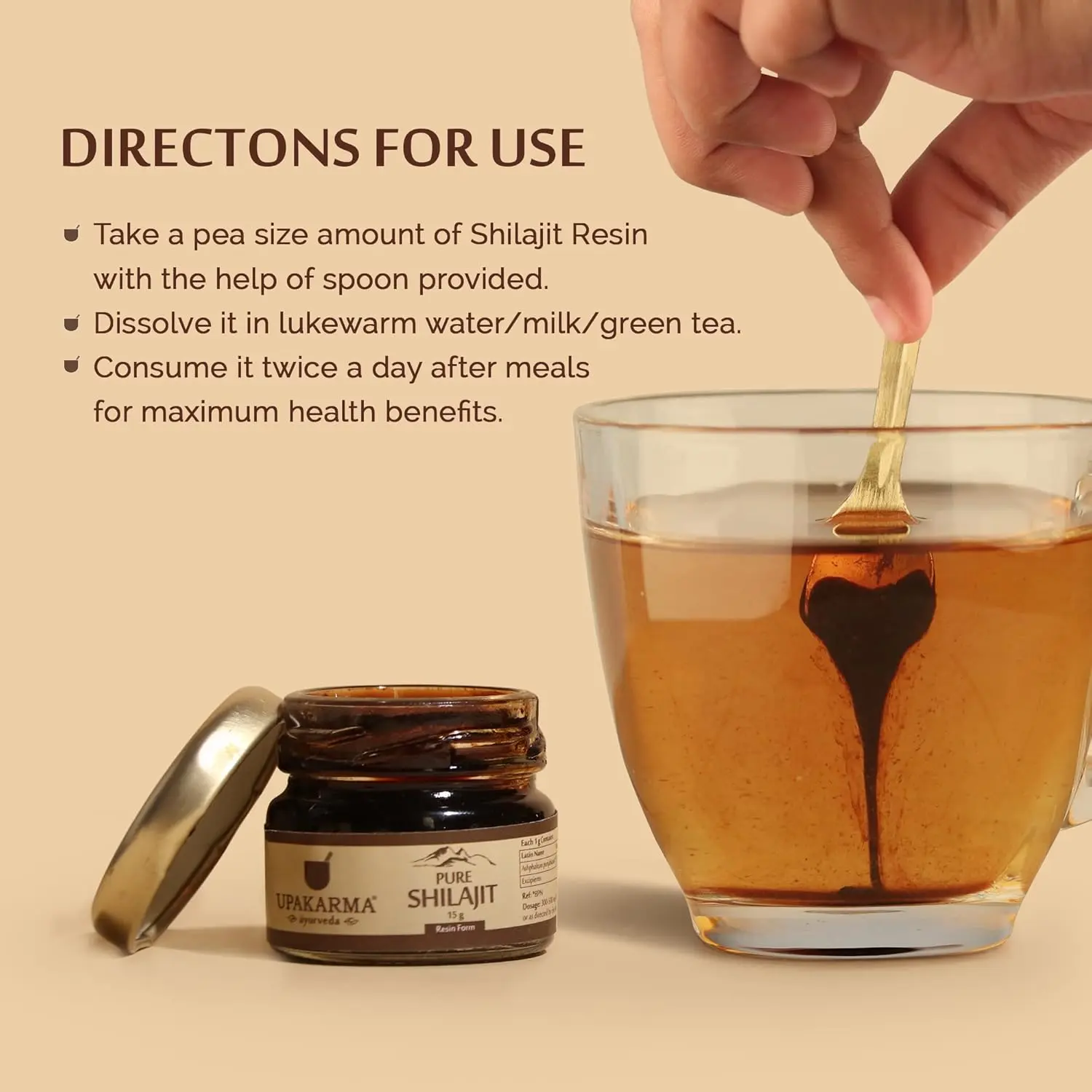 Six jars of Upakarma pure Ayurvedic Shilajit resin, a potent source of minerals, used for post-workout recovery and to improve sleep.