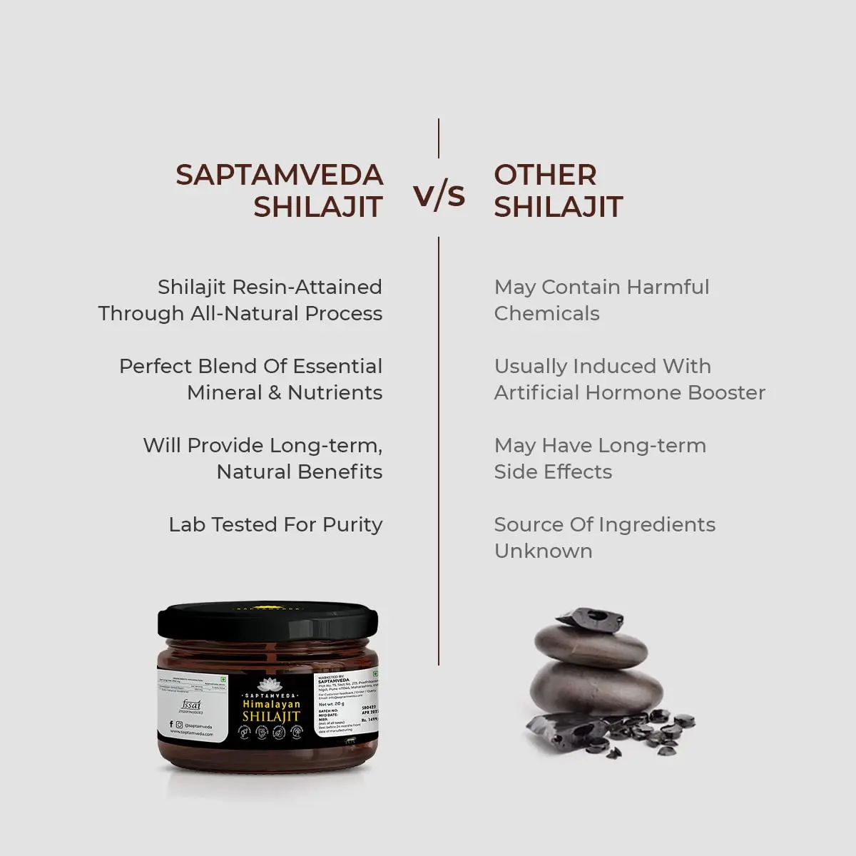 SAPTAMVEDA pure Himalayan Shilajit resin helps boost strength, stamina, build muscle mass, and promote healthy aging for both men and women.