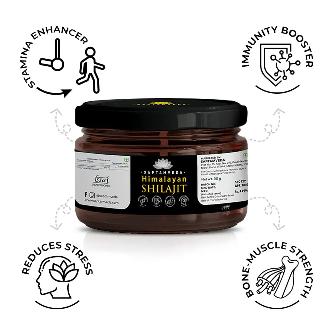 SAPTAMVEDA pure Himalayan Shilajit resin helps boost strength, stamina, build muscle mass, and promote healthy aging for both men and women.