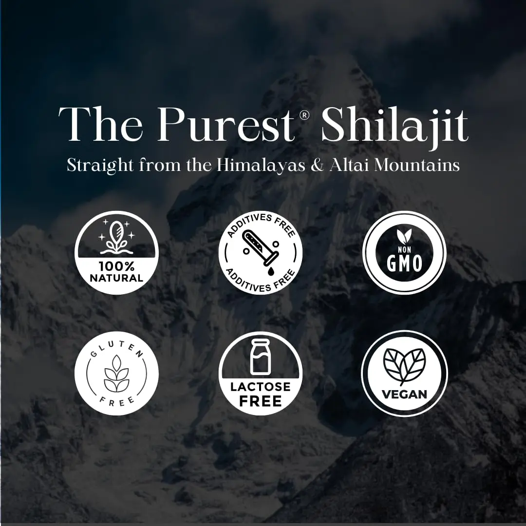 Jar of pure Himalayan shilajit resin containing over 85 trace minerals and fulvic acid, harvested from high altitude Siberian Mountains for balanced living.