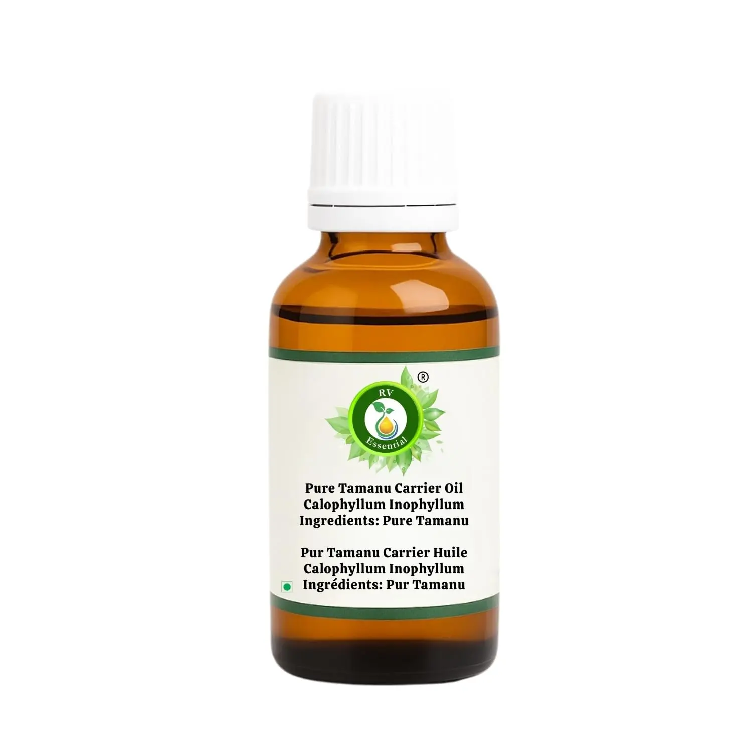 Bottle of 100% pure and natural, cold pressed Tamanu Carrier Oil from R V Essential, guaranteeing certified quality for skin and hair.