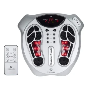 The PureMate foot massager uses EMS therapy to stimulate feet, legs, and body, offering 99 intensity levels and 15 massage modes, controlled by a remote.