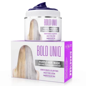 Bold Uniq purple hair mask neutralizes brassy yellow tones in blonde, platinum and silver hair while deeply conditioning and hydrating dry, damaged strands with UV protection.