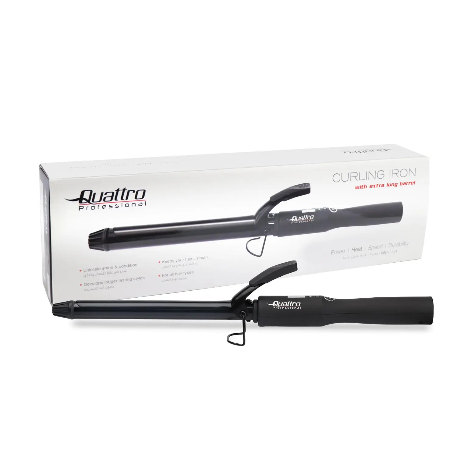 This is a Quattro professional 19mm curling iron with a ceramic barrel, suitable for all hair types.