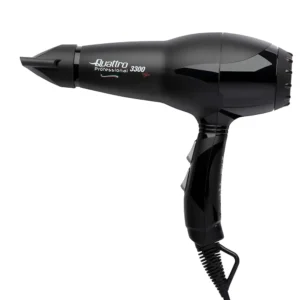 A black Quattro Coifin 3300 Plus UK hair dryer, made of metal.