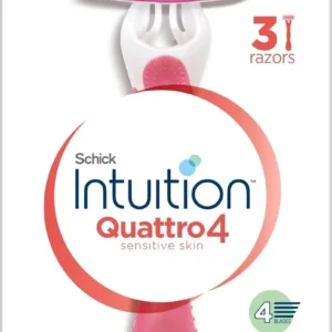 A pack of three Schick Quattro for Women disposable razors featuring four ultrathin blades, aloe and vitamin E lubricating strips, and a pivoting head for a close, comfortable shave.