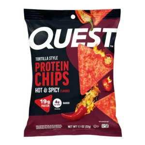 A pack of twelve Quest Hot & Spicy Tortilla Style Protein Chips, offering 19g of protein and only 4g of net carbs per serving, perfect for a spicy, protein-packed snack.