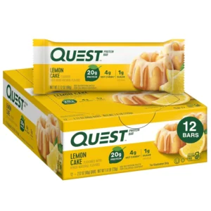 Twelve Quest Nutrition Lemon Cake protein bars, a high protein, low carb, and gluten-free snack for a keto-friendly diet.