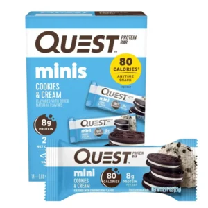 A box of Quest Nutrition Mini Cookies & Cream protein bars provides 8g of protein and only 1g of sugar for a satisfying, gluten-free snack at home or on-the-go.