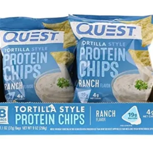 A box of Quest Nutrition Ranch Tortilla Style Protein Chips, offering 19 grams of protein per serving in a convenient, single-serving bar format with 12 bars in the pack.