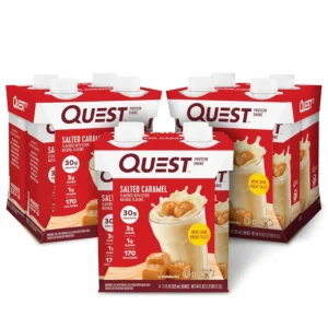 Box of 4 Quest Salted Caramel protein shakes, naturally flavored and high in protein with only 1g of sugar and 3g of carbs per serving, ideal for a keto-friendly lifestyle.