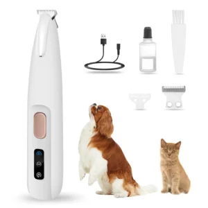 This quiet and rechargeable PawTrim Pro pet trimmer features an LED light for better visibility and a waterproof design for easy cleaning.